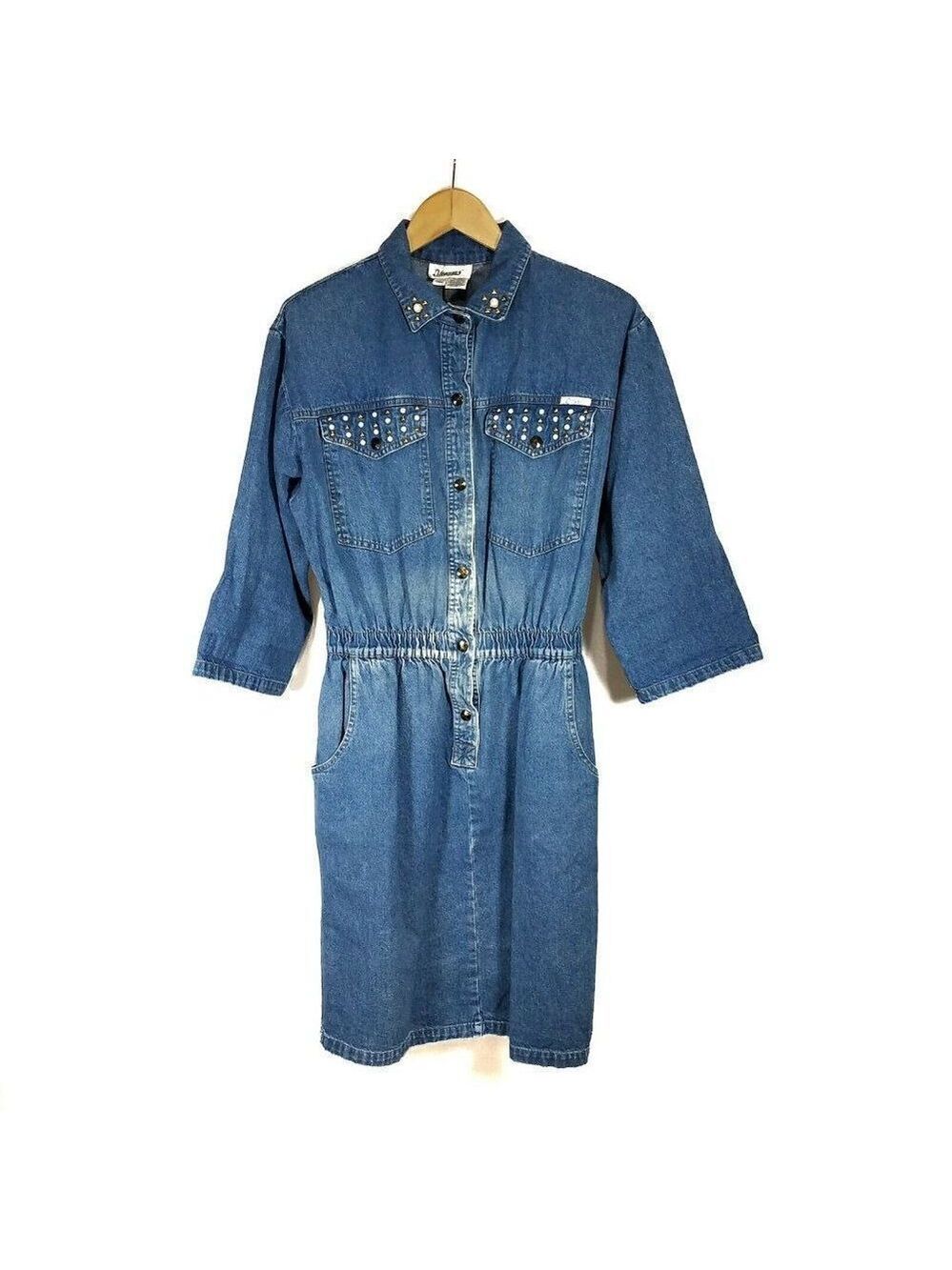 𝅺VINTAGE DREAMS Denim Dress Blue Shoulder Pads Cinched Elastic Waist Large